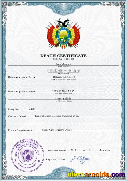 Bolivia death certificate